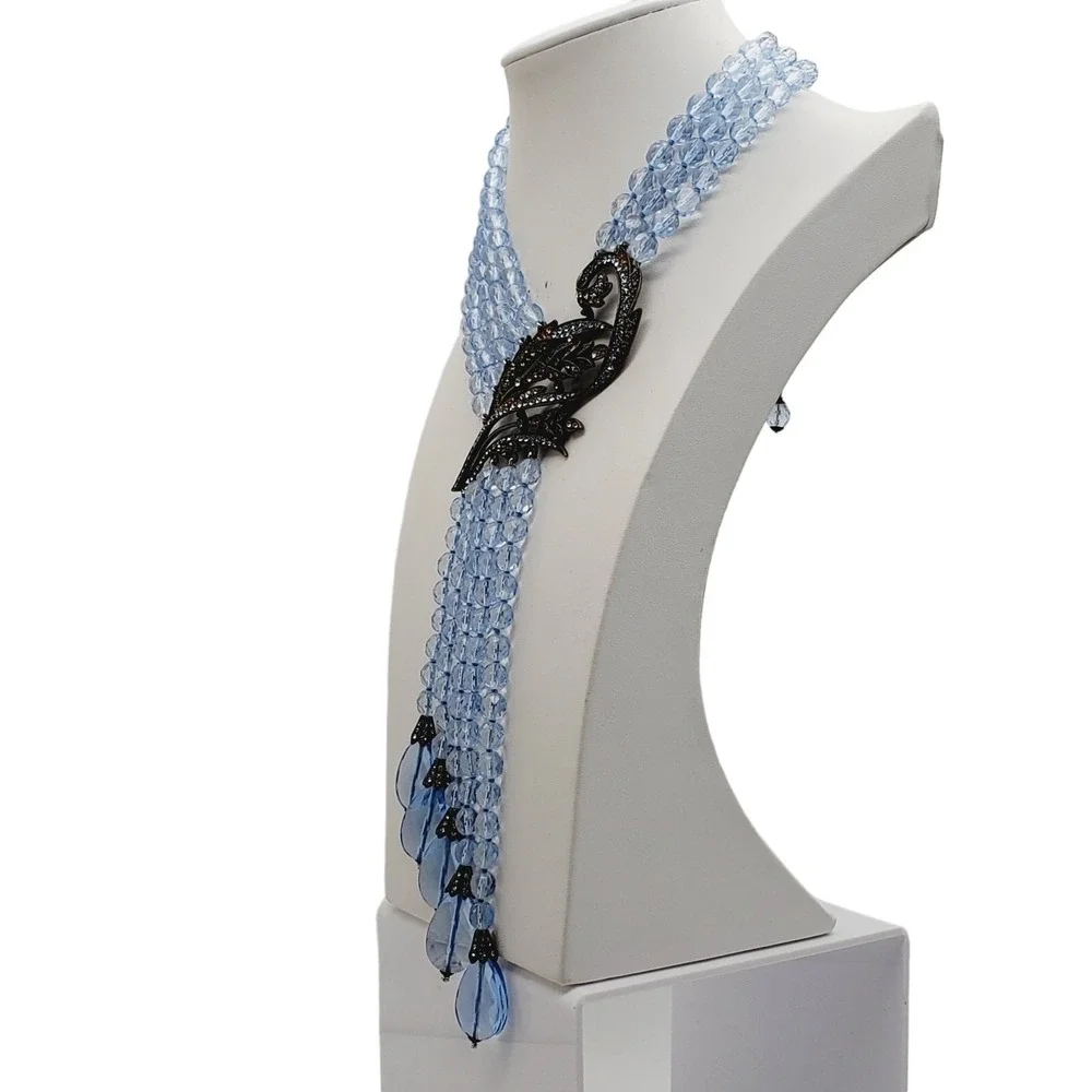 Blue Beaded Tassel‎ Necklace Heidi Daus Swarovski Crystal Layered Runway Fringe